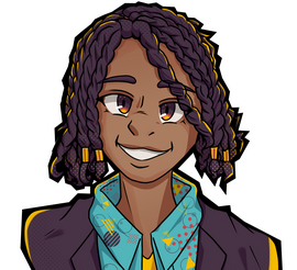 A drawn avatar of a young adult with warm-toned brown skin with their dark hair styled in two-strand twists. They are smiling, wearing a patterned cyan shirt with a brown overcoat. It is drawn by user Snavii on X and Bluesky.